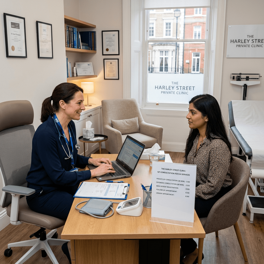 Doctor consulting patient in a private clinic room with laptop and consultation fees sign