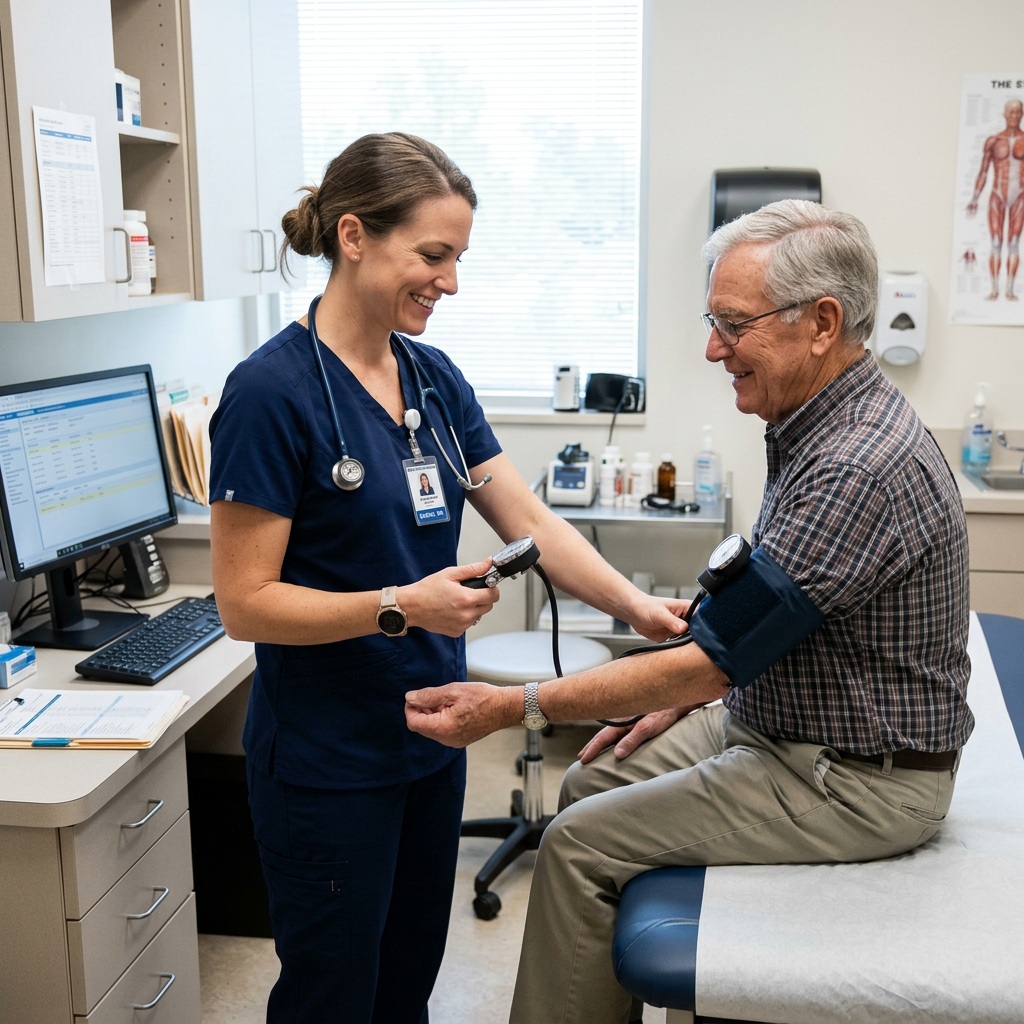 Nurse measuring blood pressure of a seated elderly man with cuff and gauge